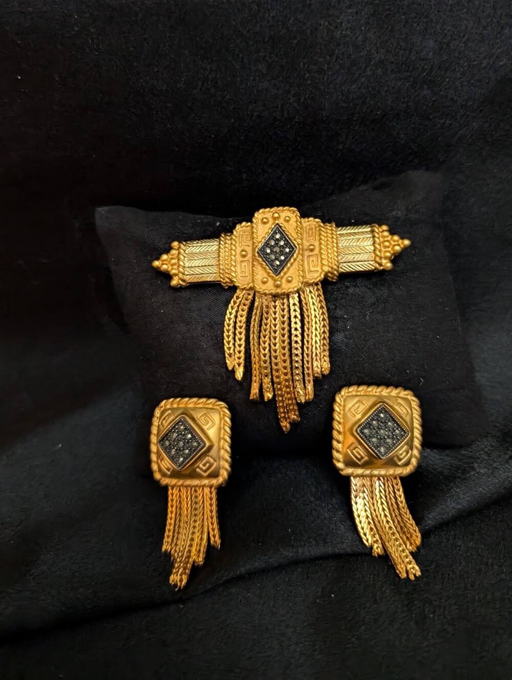 Signed JJ Art Deco Revival Brooch & Earrings w Black Crystal Accents